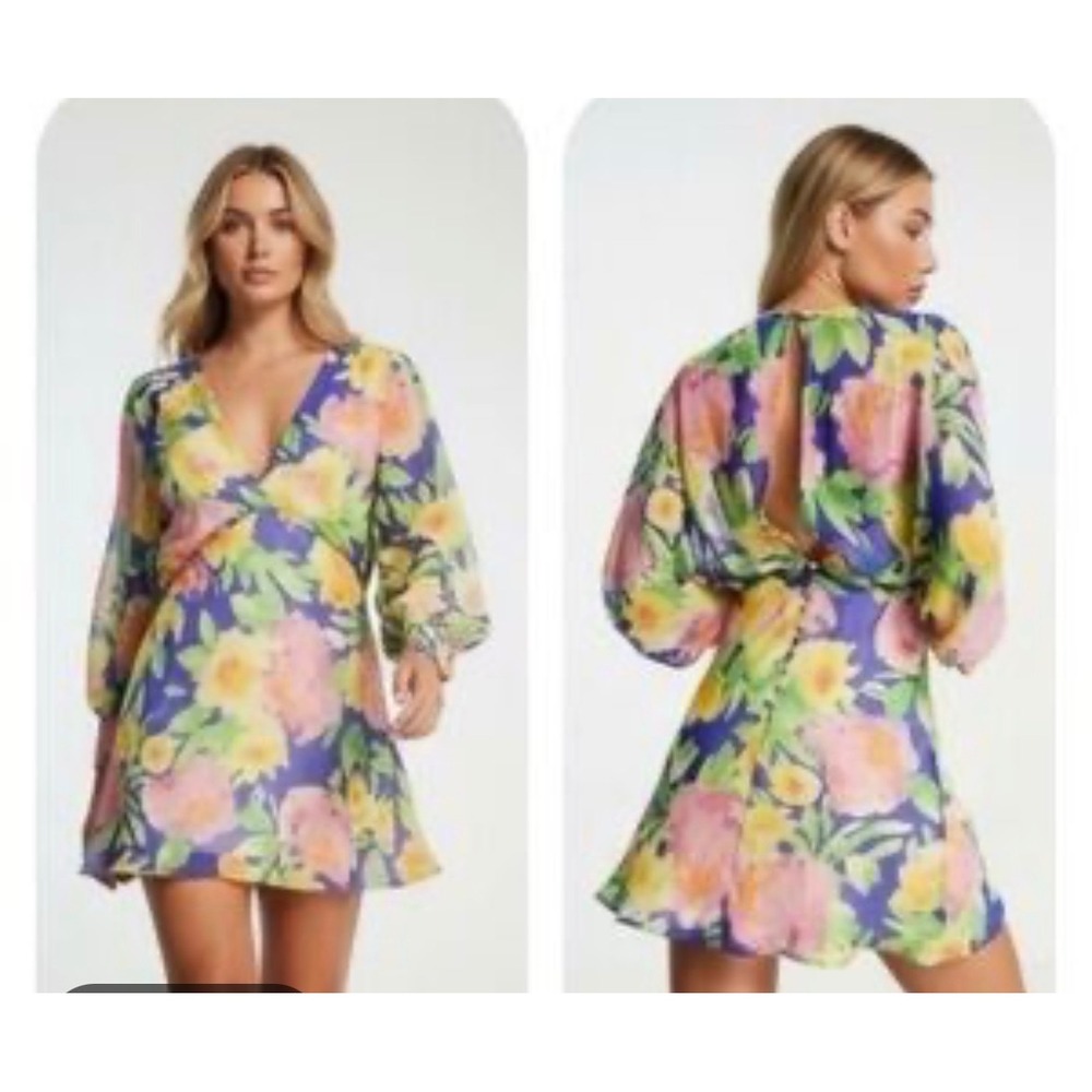 ASOS DESIGN Purple Floral V-Neck Open Back Mini Dress Long Sleeve Size 0